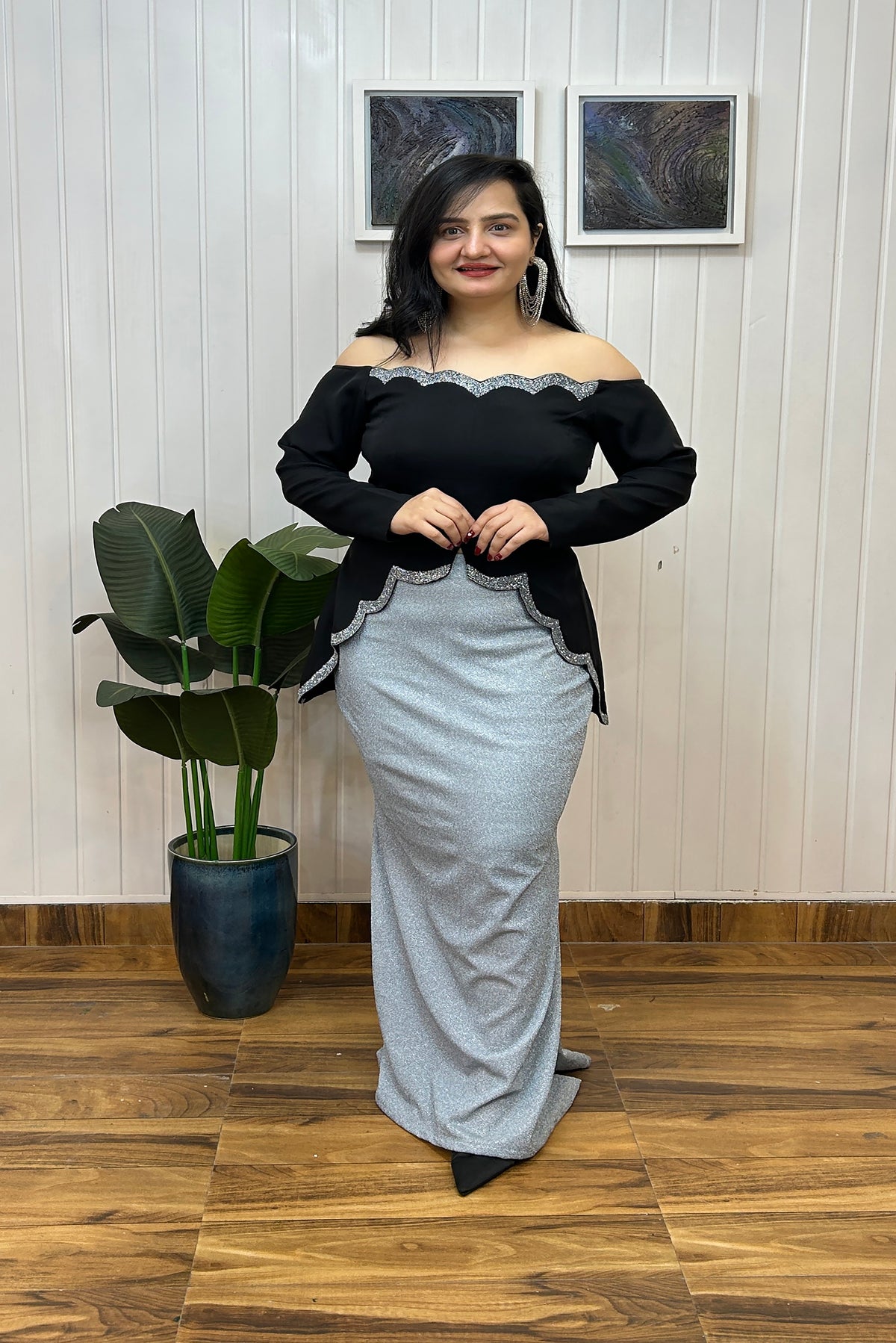Black Scalloped Embroidered Top with Shimmer Skirt