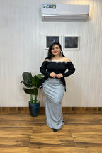 Black Scalloped Embroidered Top with Shimmer Skirt