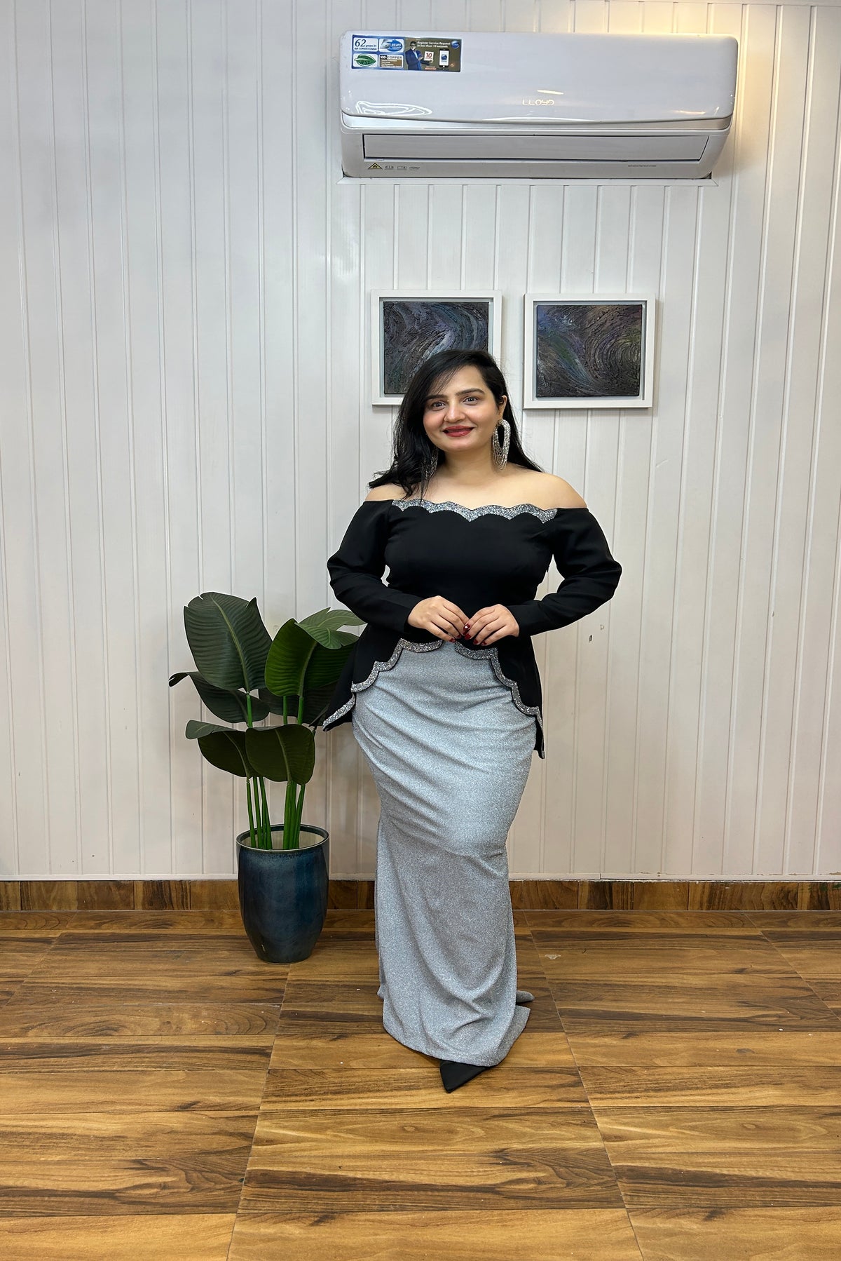 Black Scalloped Embroidered Top with Shimmer Skirt