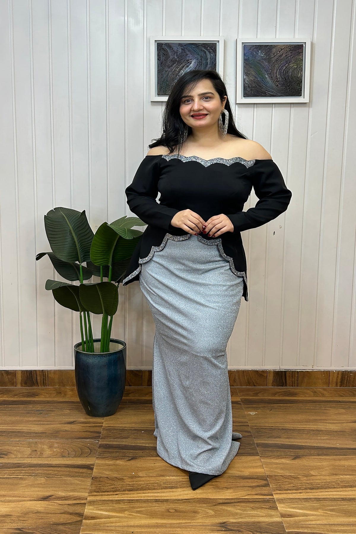 Black Scalloped Embroidered Top with Shimmer Skirt