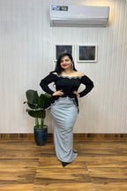 Black Scalloped Embroidered Top with Shimmer Skirt