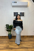 Black Scalloped Embroidered Top with Shimmer Skirt