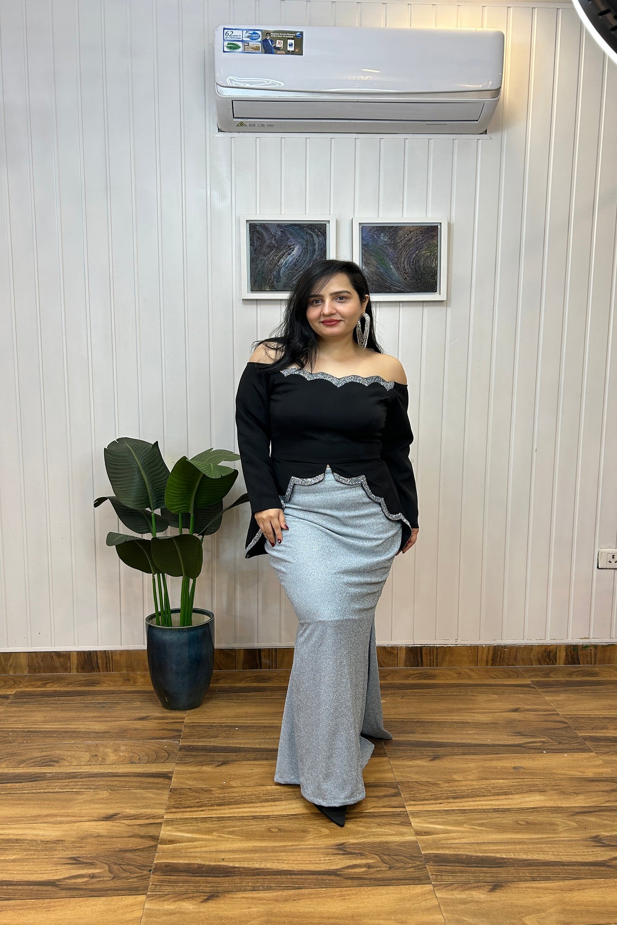 Black Scalloped Embroidered Top with Shimmer Skirt