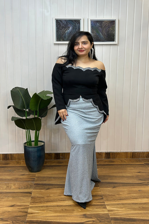 Black Scalloped Embroidered Top with Shimmer Skirt