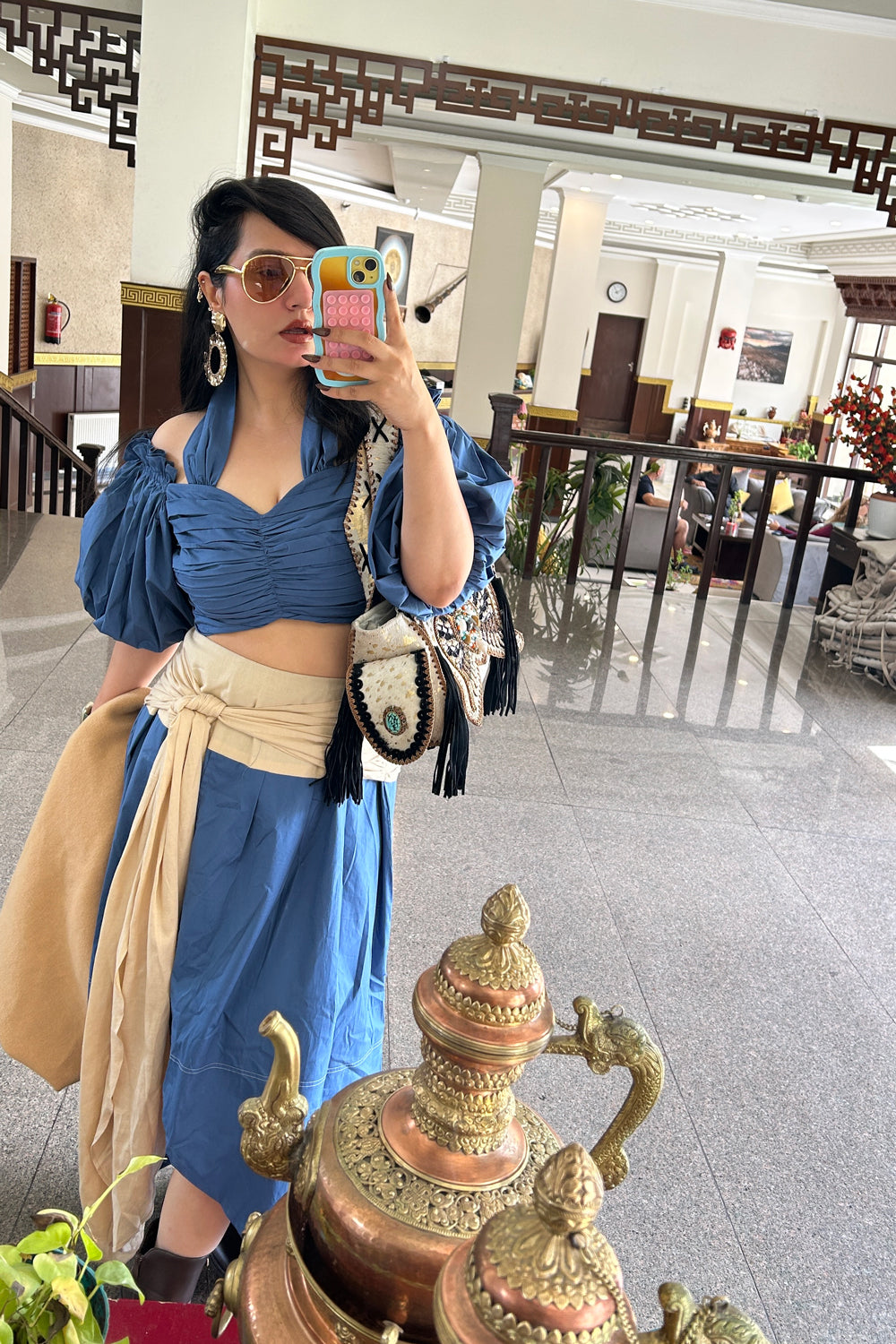 Blue Cotton Crop Top with Flared Skirt