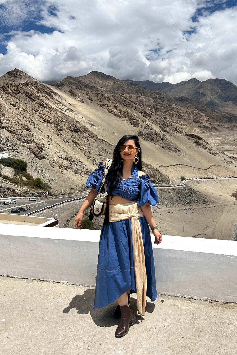 Blue Cotton Crop Top with Flared Skirt