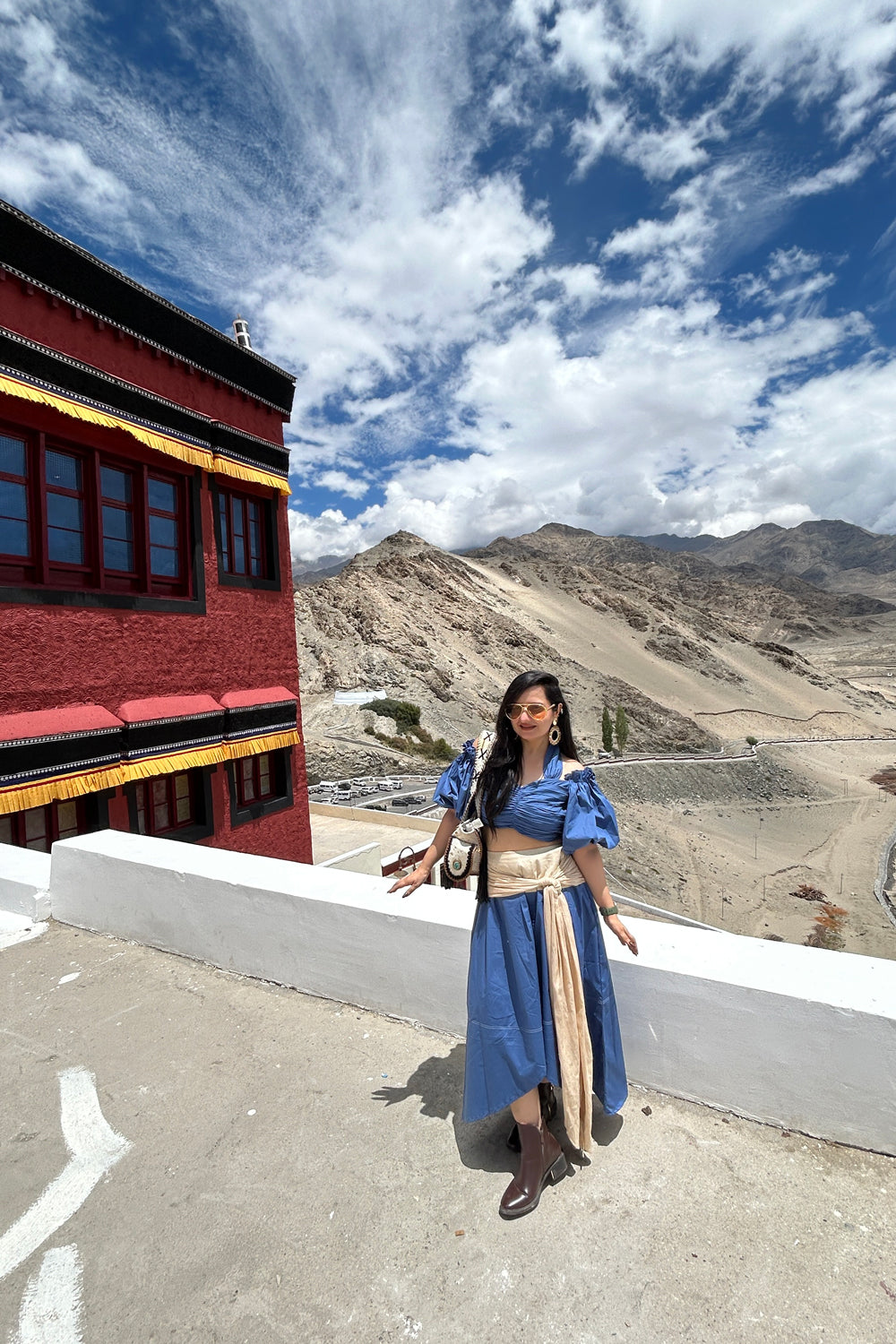 Blue Cotton Crop Top with Flared Skirt