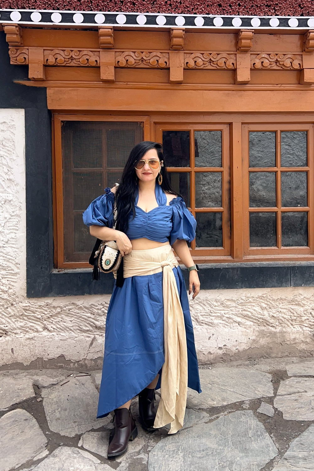 Blue Cotton Crop Top with Flared Skirt