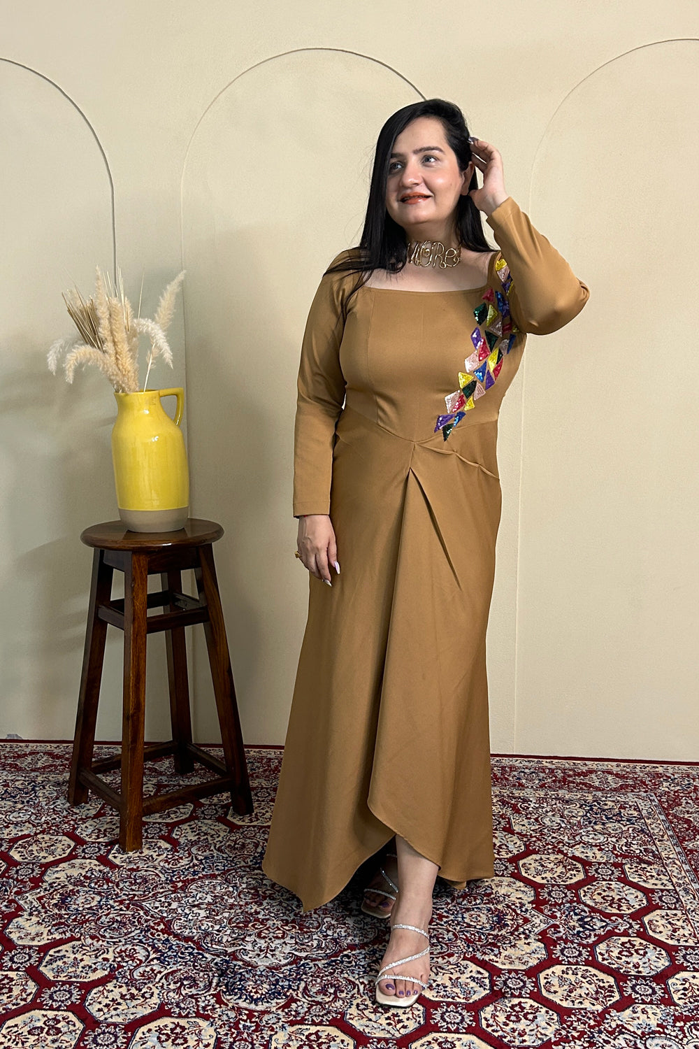 Caramel Embroidered Draped Dress