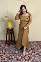 Caramel Embroidered Draped Dress