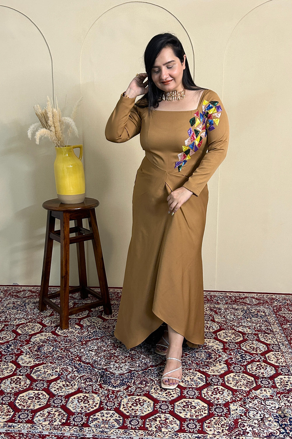 Caramel Embroidered Draped Dress