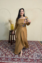 Caramel Embroidered Draped Dress