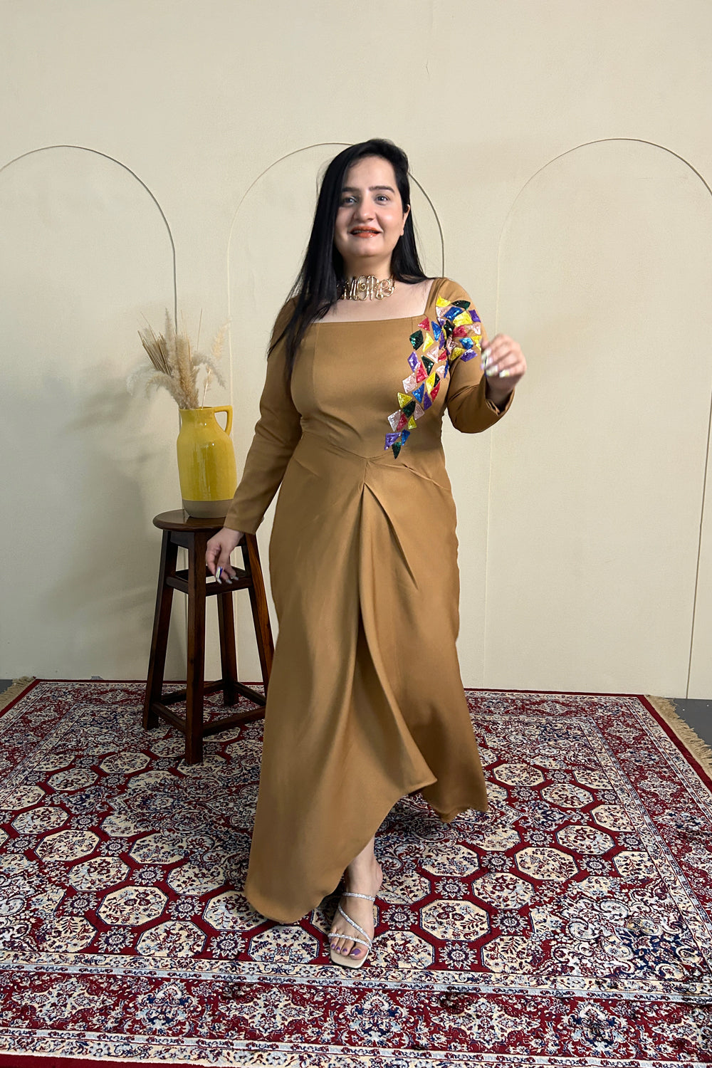 Caramel Embroidered Draped Dress