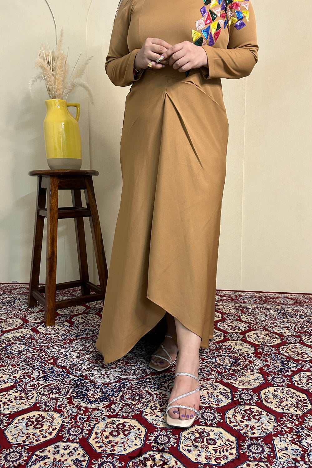 Caramel Embroidered Draped Dress