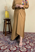 Caramel Embroidered Draped Dress