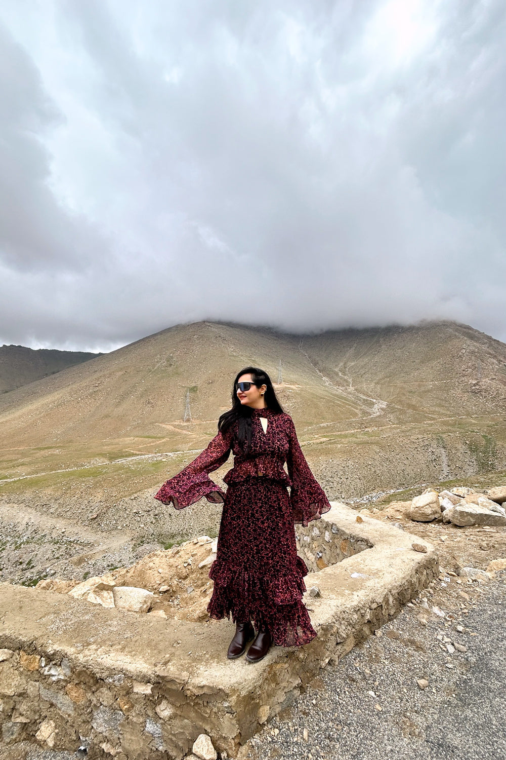 Black & Wine Printed Frilled Co-ord Set