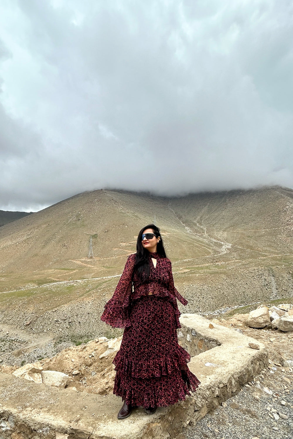 Black & Wine Printed Frilled Co-ord Set