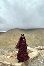 Black & Wine Printed Frilled Co-ord Set