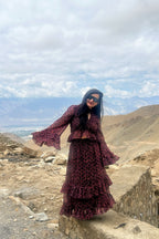 Black & Wine Printed Frilled Co-ord Set