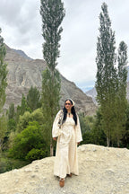 White Corset Draped Top with Flared Pants & Cape Set
