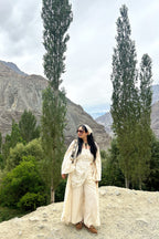 White Corset Draped Top with Flared Pants & Cape Set