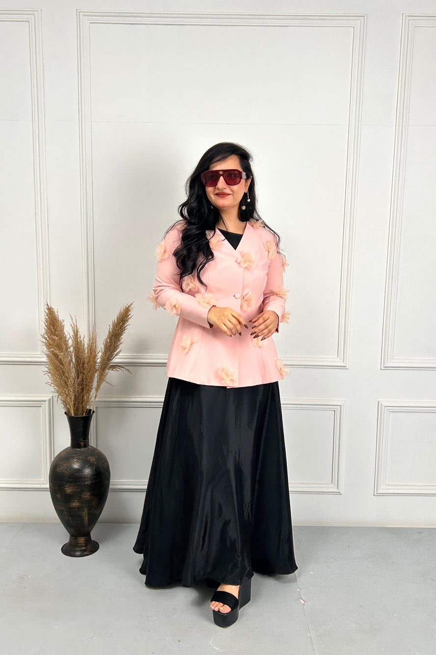 Peach Pink 3D Flower Coat with Black dress