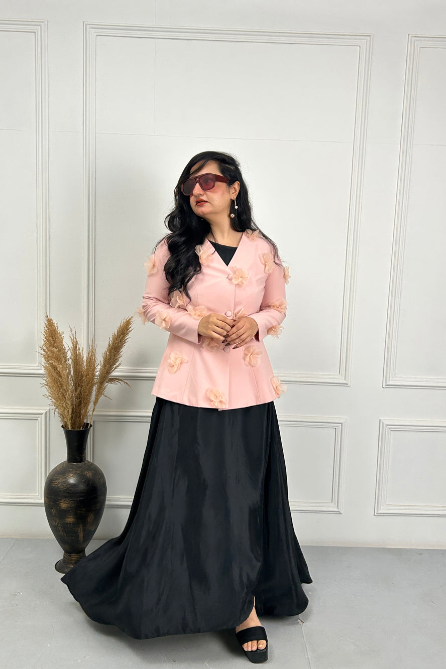 Peach Pink 3D Flower Coat with Black dress