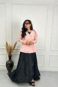 Peach Pink 3D Flower Coat with Black dress