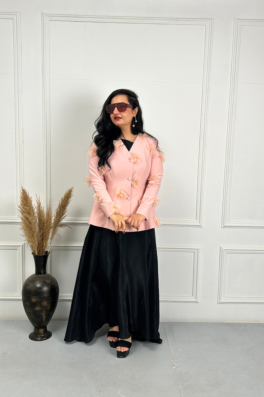 Peach Pink 3D Flower Coat with Black dress