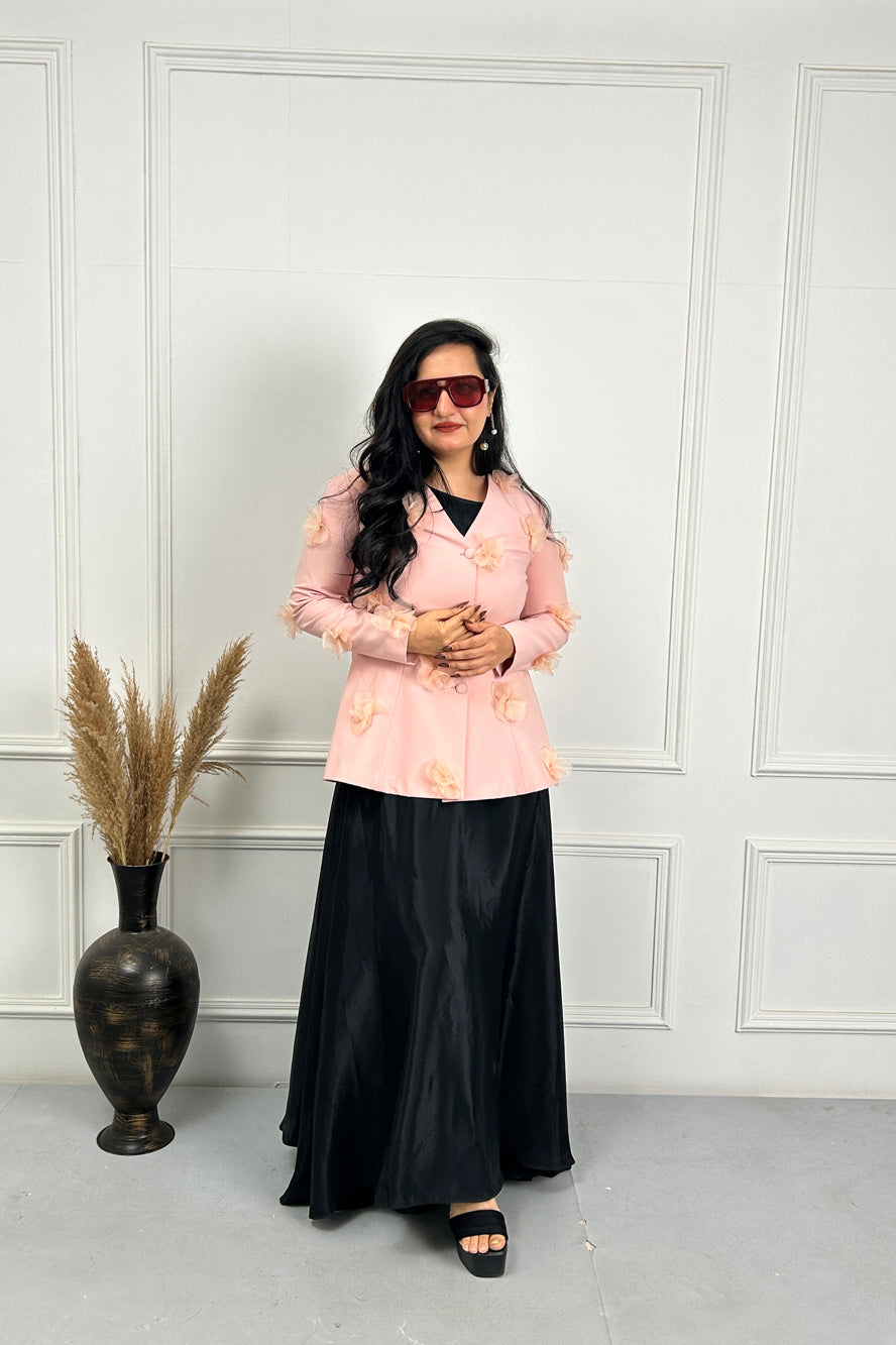 Peach Pink 3D Flower Coat with Black dress