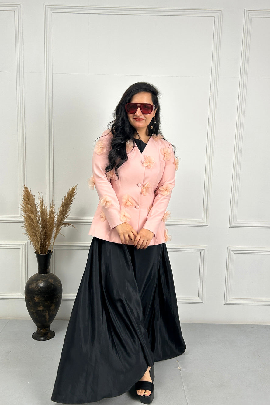 Peach Pink 3D Flower Coat with Black dress