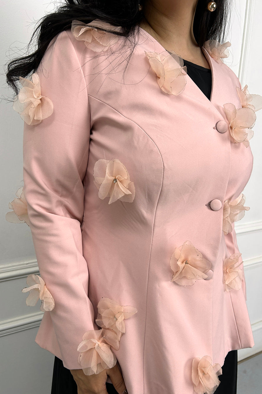 Peach Pink 3D Flower Coat with Black dress