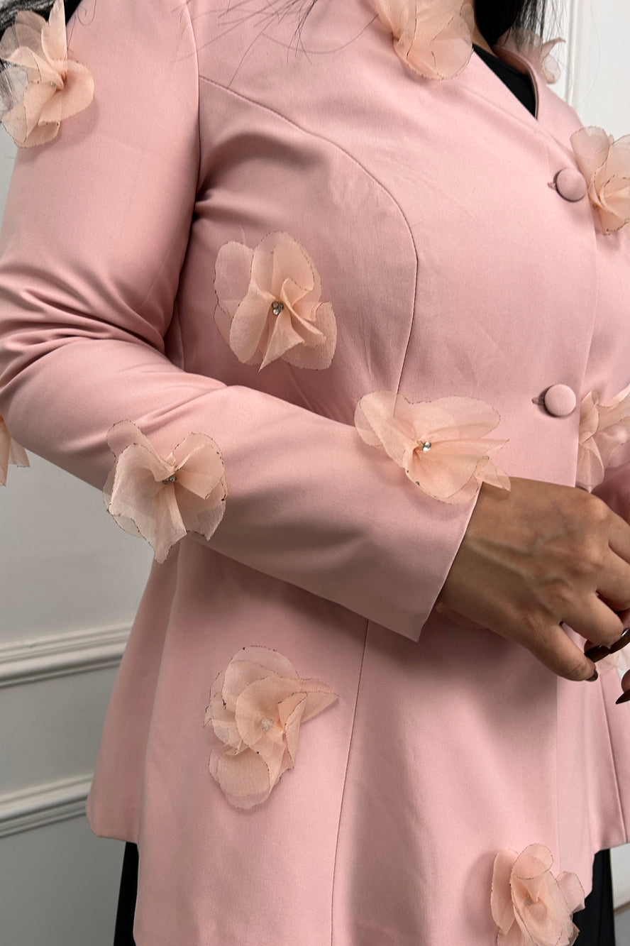 Peach Pink 3D Flower Coat with Black dress