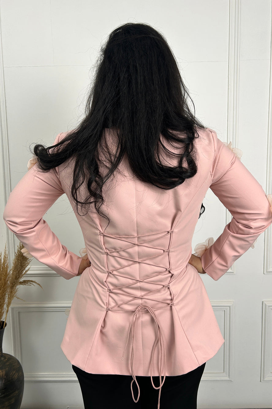 Peach Pink 3D Flower Coat with Black dress