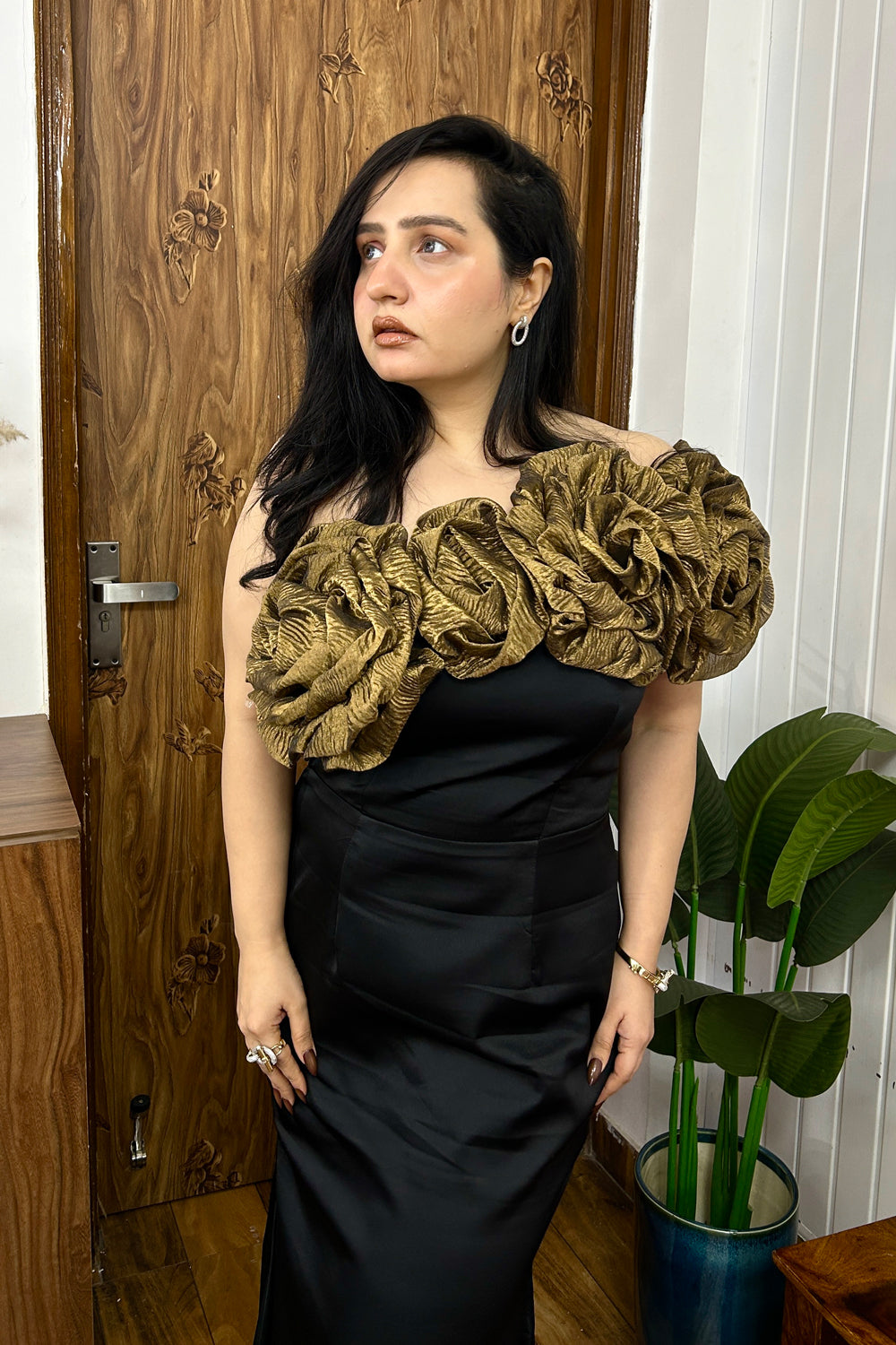 Golden 3D Flower Satin Gown