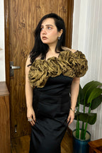 Golden 3D Flower Satin Gown