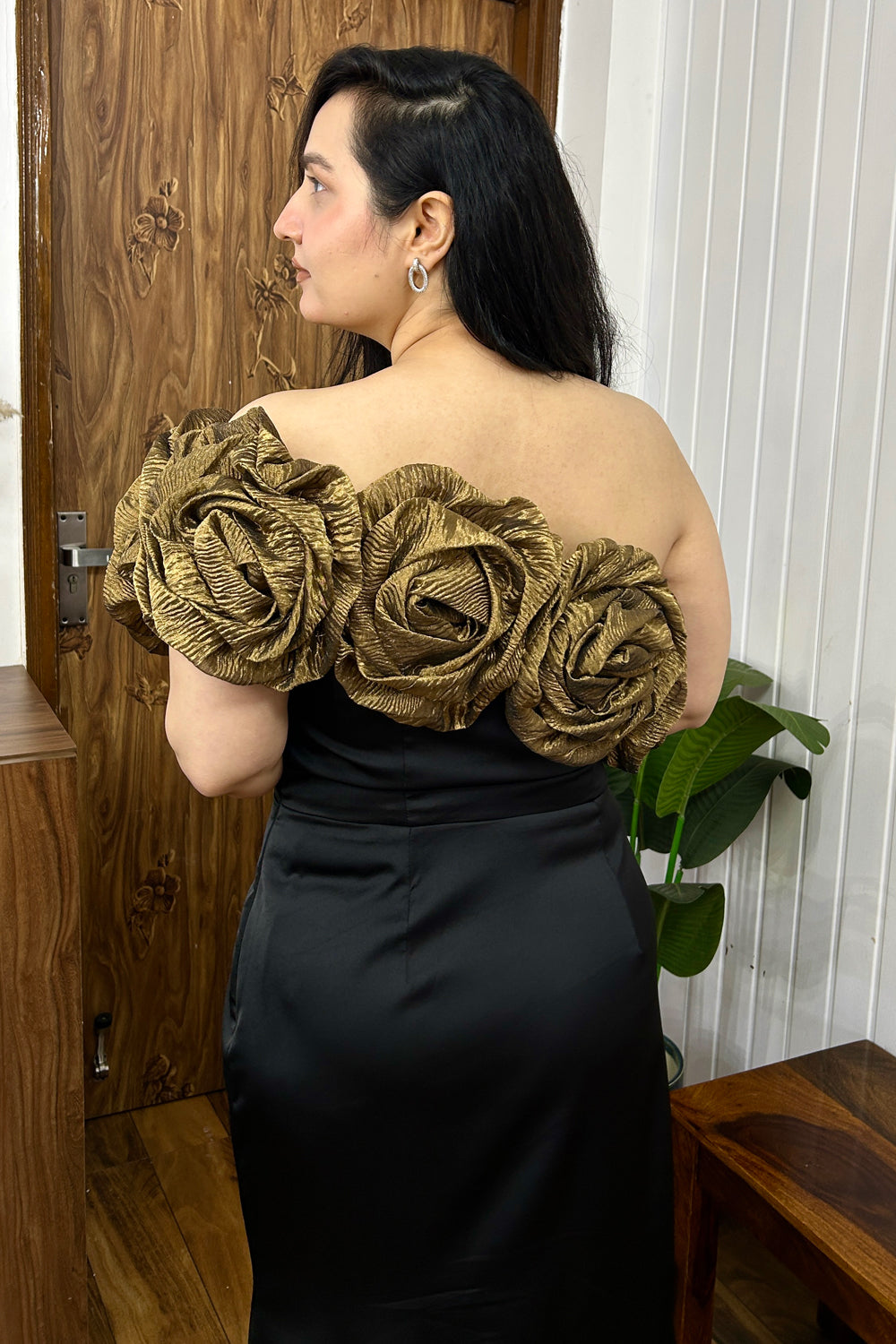 Golden 3D Flower Satin Gown