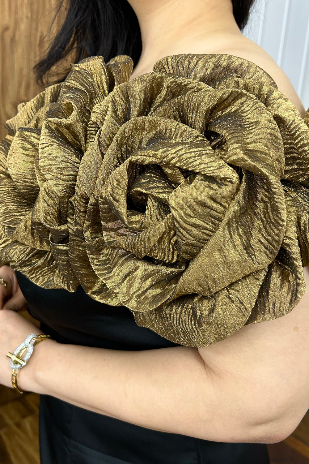 Golden 3D Flower Satin Gown