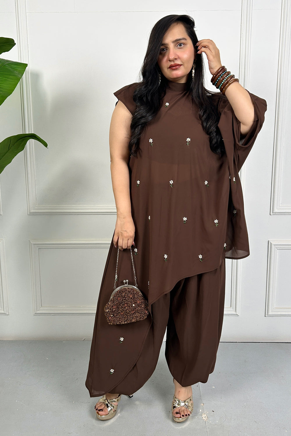 Brown Daisy Hand Embellished 3 piece Set