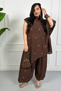 Brown Daisy Hand Embellished 3 piece Set