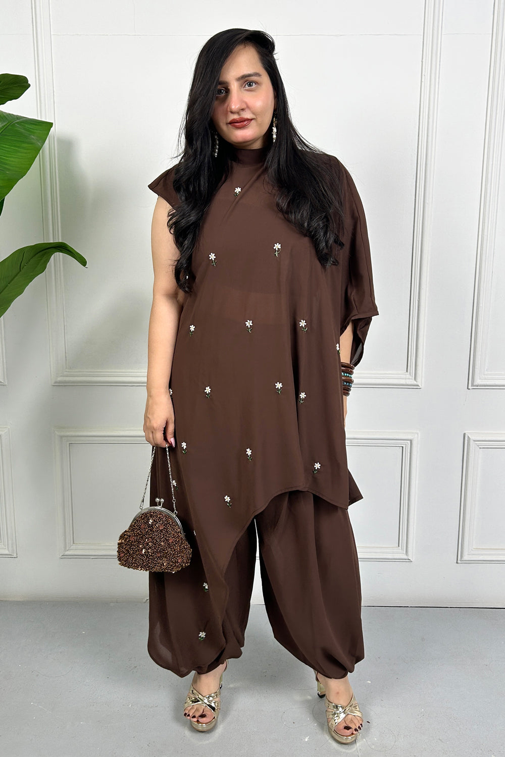 Brown Daisy Hand Embellished 3 piece Set