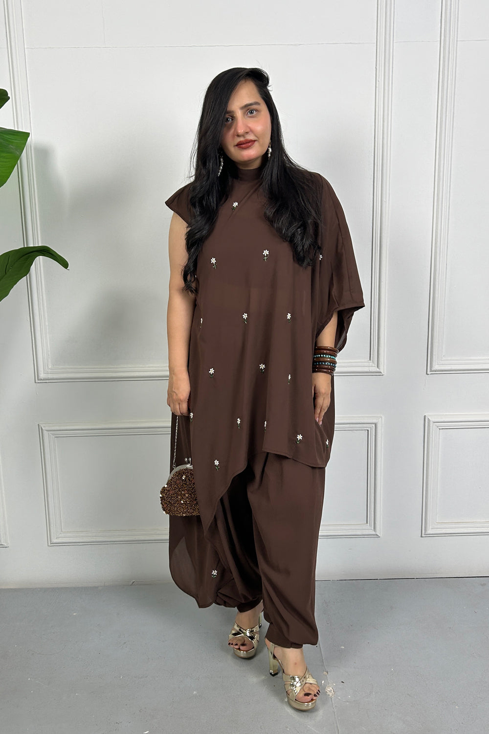 Brown Daisy Hand Embellished 3 piece Set