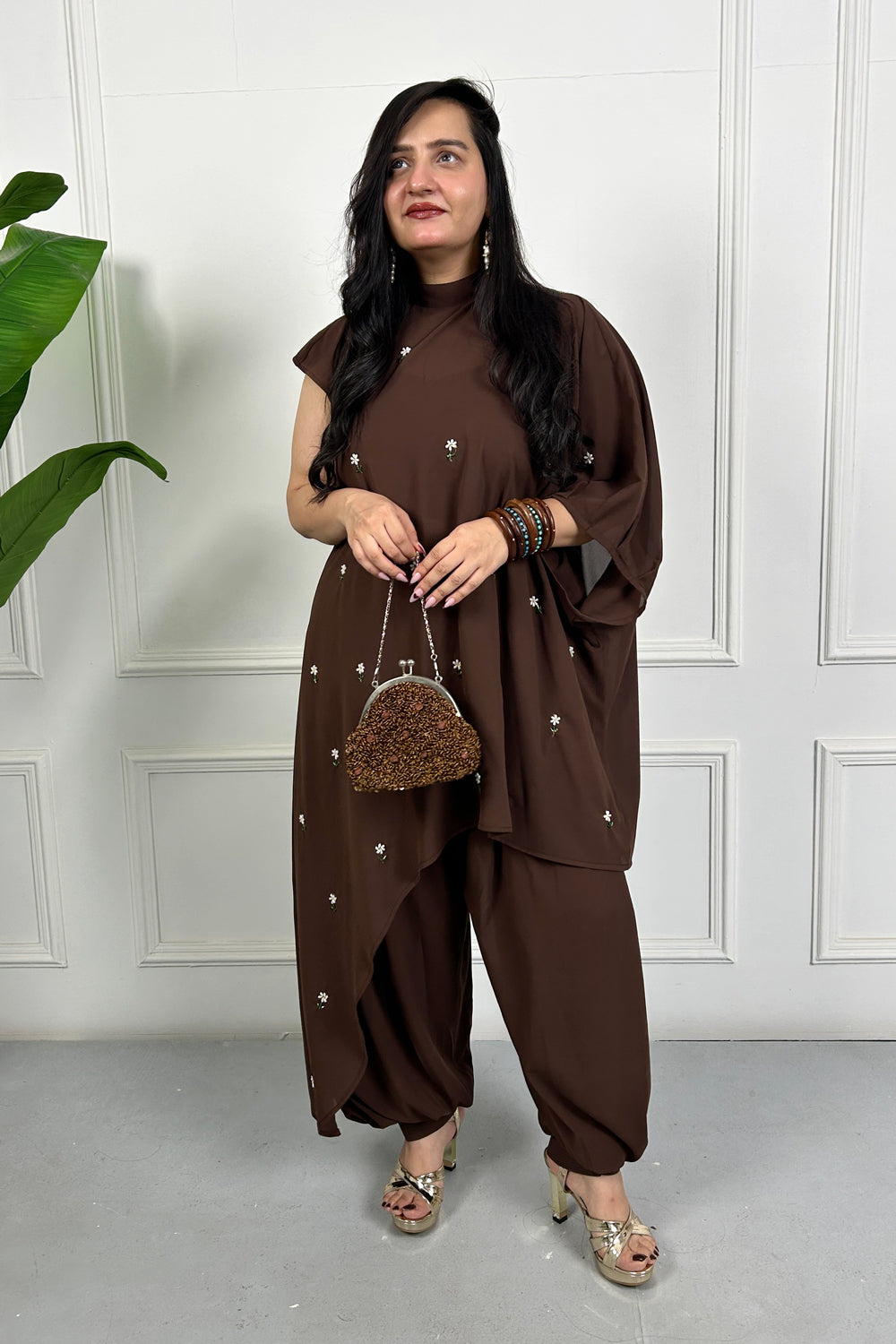 Brown Daisy Hand Embellished 3 piece Set