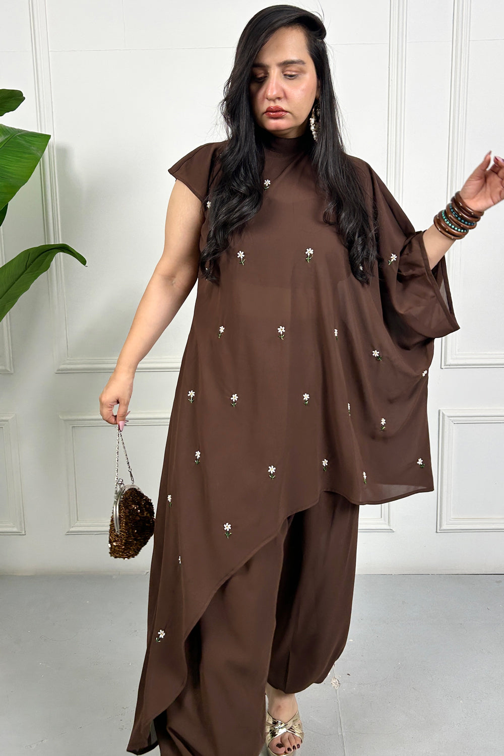 Brown Daisy Hand Embellished 3 piece Set