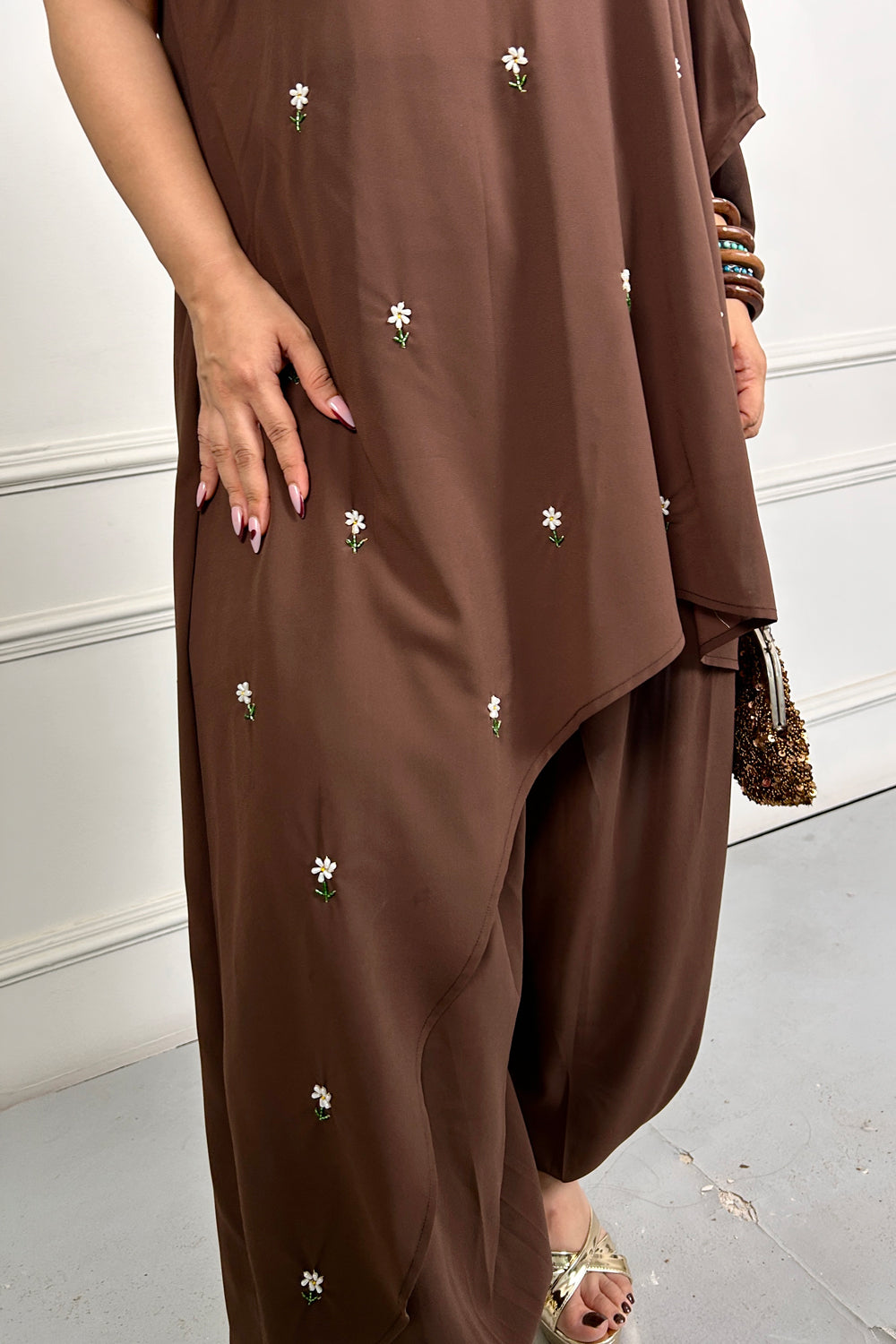 Brown Daisy Hand Embellished 3 piece Set