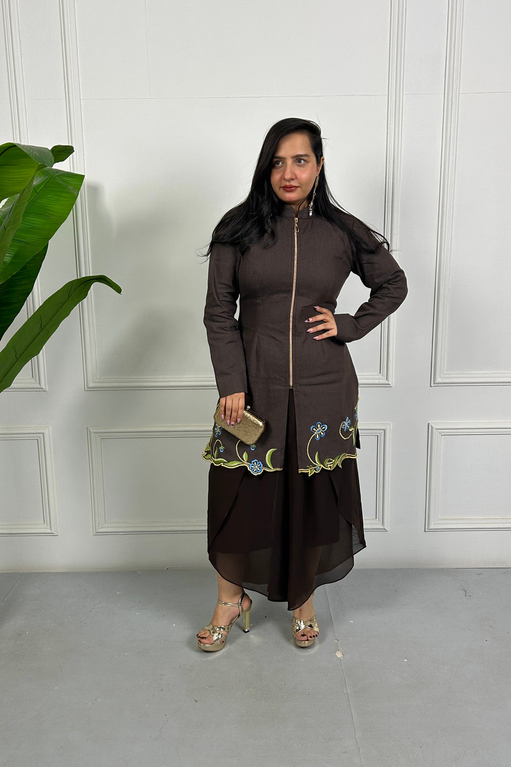 Brown Floral Embroidered Kurta Set