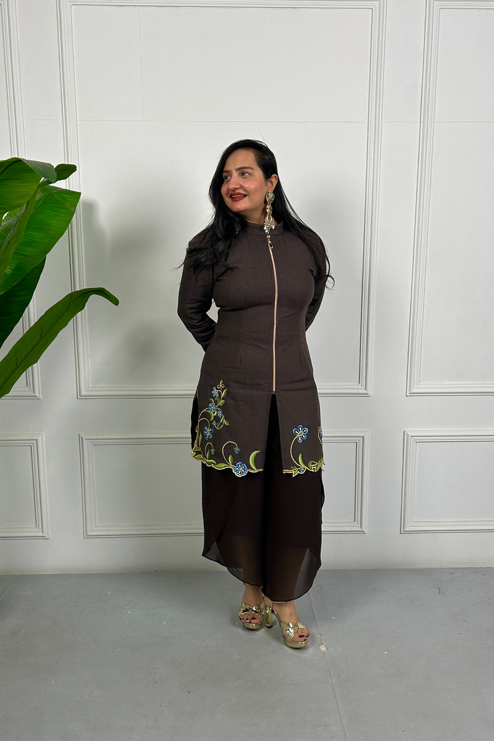 Brown Floral Embroidered Kurta Set