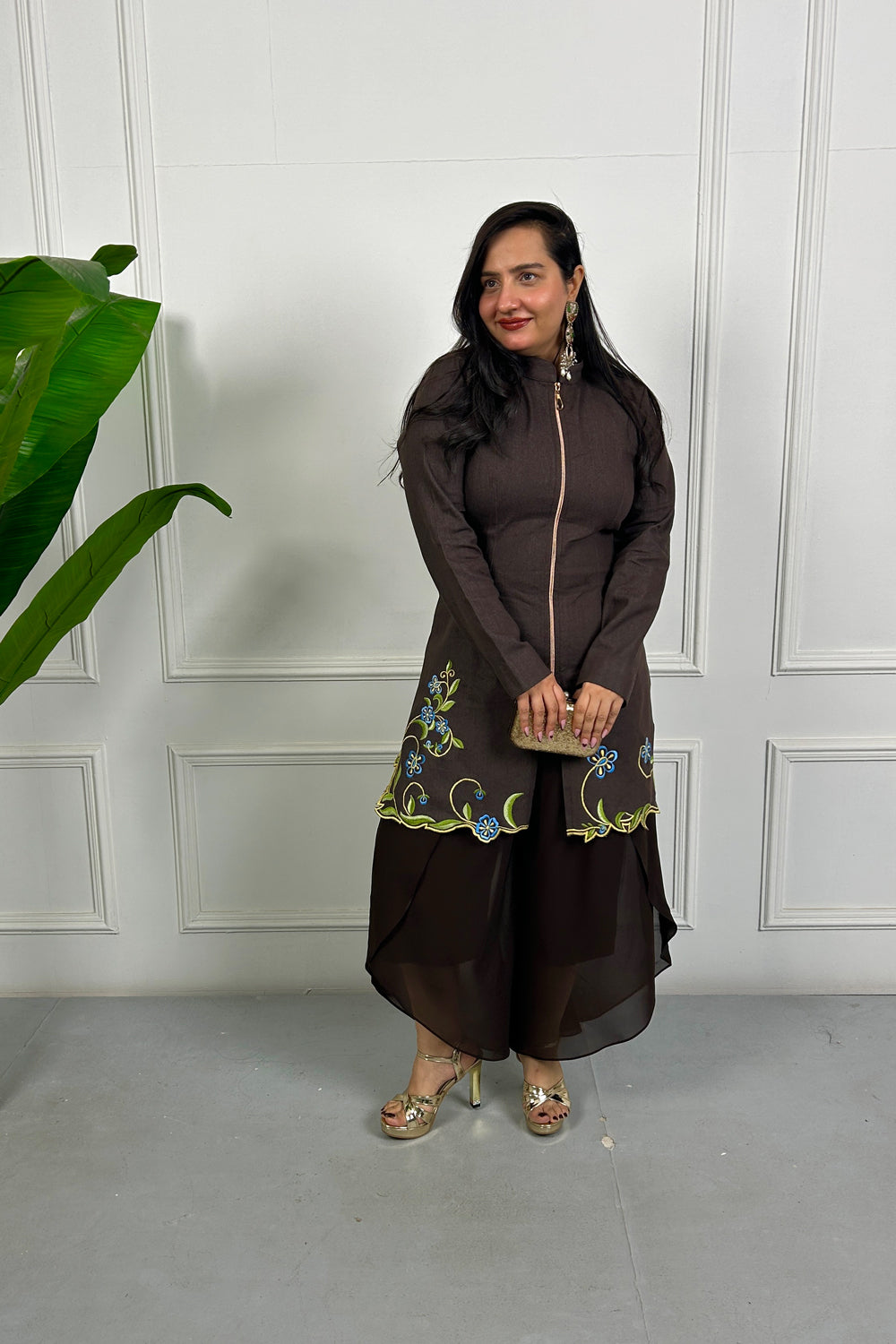 Brown Floral Embroidered Kurta Set