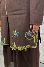 Brown Floral Embroidered Kurta Set