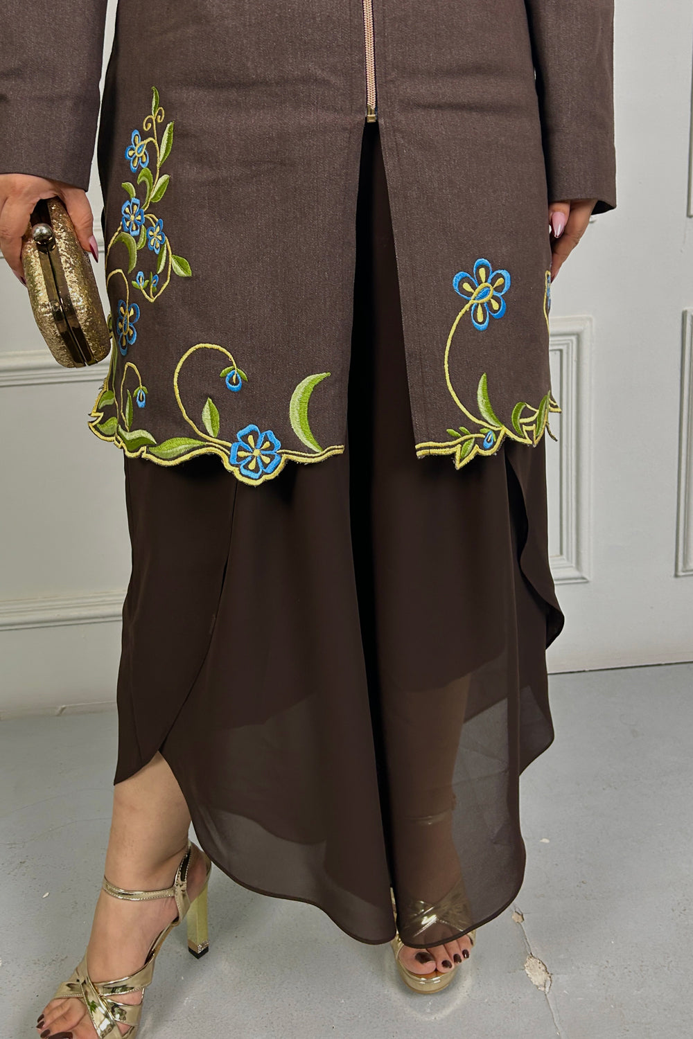Brown Floral Embroidered Kurta Set